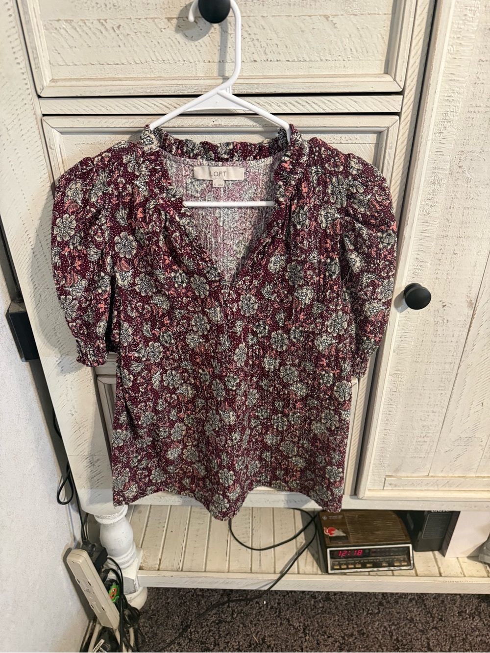 LOFT Burgundy Floral V-Neck Puff Sleeve Blouse
